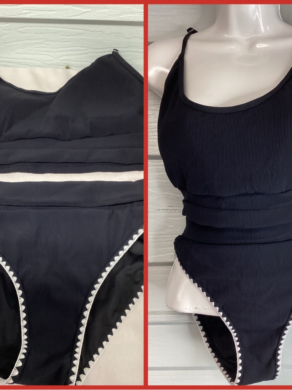 Black Ribbed One-Piece swimsuit with Scalloped Trim 51 - Picture 2 of 6